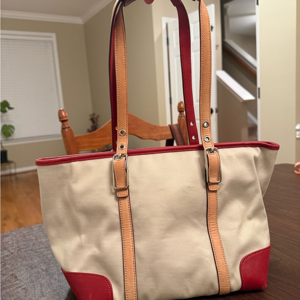 Coach Red and Tan Tote Bag with Leather Accents